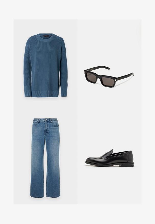 Blauwe gebreide trui met een ronde hals, lange mouwen en geribde manchetten en zoom. Heeft een gestructureerd patroon en een logo-label aan de zijkant.; Brede blauwe jeans van denim met een verouderde afwerking. Heeft vijf zakken, een sluiting met vooraan knoop en een rechte snit.; Zwarte leren instappers met een gladde textuur, ronde neus en een decoratieve band over de wreef. Lage, gestapelde hak en minimalistisch ontwerp.; Zwarte rechthoekige zonnebril met donkere lenzen, een dik plastic montuur, gouden accenten op de veren en het merkembleem gegraveerd op de arm.
