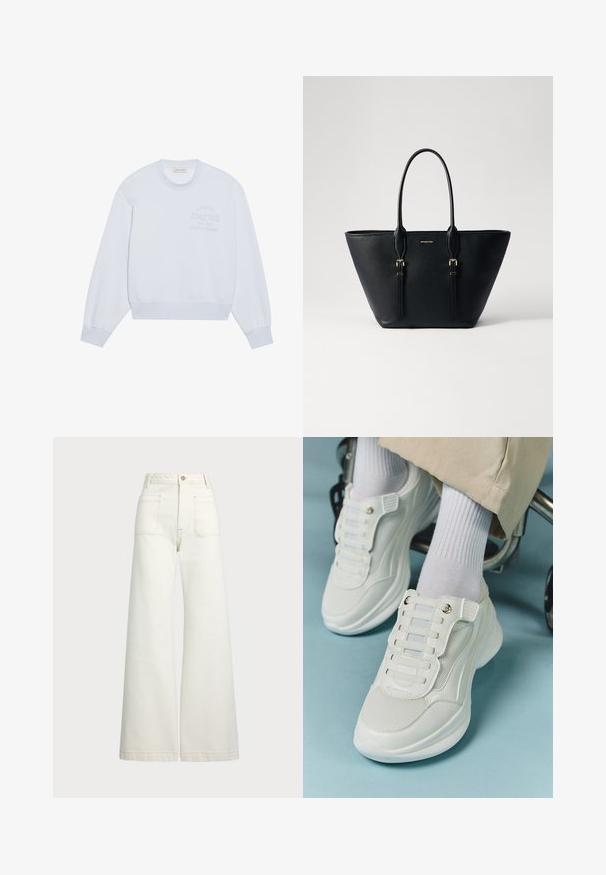 Sudadera de cuello redondo de color azul claro, confeccionada con una tela suave, que presenta un corte relajado, puños acanalados y un gráfico sutil en la parte frontal en un tono ligeramente más oscuro.; Jeans de pierna ancha en denim color blanco roto. Diseño de cintura alta con cierre de botón, dos bolsillos frontales y detalles de costura en contraste.; Zapatillas blancas con material de malla, suela de goma, diseño sin cordones con bandas elásticas y detalles en tono dorado.; Bolso tote de cuero negro con acabado texturizado, forma alargada, doble asa y acentos de hardware en tono dorado.