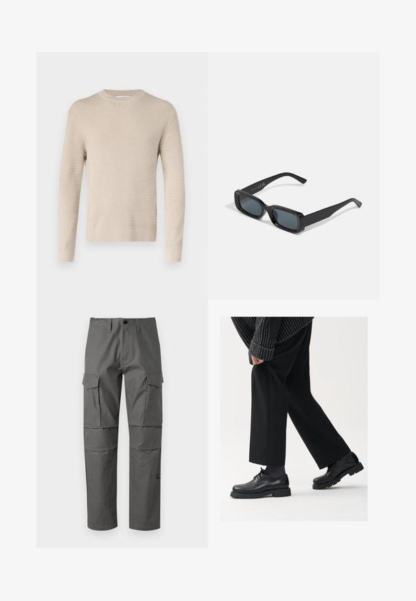 Selected Homme SLHTHEO  STRUCTURE CREW NECK - Džemperis - oatmeal; Pelēki kravas bikses, kas izgatavotas no izturīga auduma, ar taisna kāju dizainu, vairākām sānu kabatām un redzamām šuvēm.; Melni ādas apavi ar noapaļotu purngalu, aukliņu dizainu un biezu, teksturētu zoli. Valkāti ar piegrieztām melnām biksēm un ribotu džempera.; Melnas taisnstūra saulesbrilles ar tumšiem stikliem. Glancēta kārba, taisnas rokas ar vieglu izliekumu. Minimalistisks dizains, bez rotājumiem.