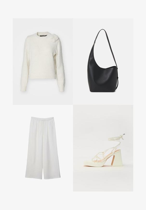 Bela pletena jopica z okroglim izrezom, dolgimi rokavi in teksturiranim cvetličnim detajlom na rami. Mehka, udobna tkanina.; Bele široke hlače iz lahkega materiala, ki imajo elastičen pas in vrvico za prilagajanje. Gladka tekstura.; Bela sandala na visokih petah s debelim petam, ki ima obliko trakcev in vezanje okoli gležnja. Gladka tekstura z platformo spredaj za dodatno višino.; Črna usnjena hobo torba z gladko teksturo, ukrivljeno obliko in eno nastavljivo naramnico; ima širok odprtina na vrhu.