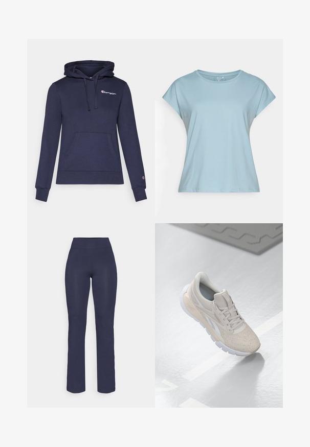 Sweatshirt azul marinho com bolso canguru, capuz com cordão e logótipo da Champion em branco contrastante. Feito de um tecido macio e texturizado.; T-shirt de manga curta azul claro, feito de tecido macio. Apresenta um decote redondo, corte descontraído e costuras nos acabamentos. Sem padrões nem adornos.; Calças de yoga ajustadas, de cor azul-marinho, com uma cintura alta e pernas direitas, feitas de um tecido liso e elástico. Sem padrões ou detalhes visíveis.; Shoe desportivo beige claro com parte superior perfurada, detalhes texturizados, colarinho acolchoado e sola de borracha branca, projetado para conforto e respirabilidade.
