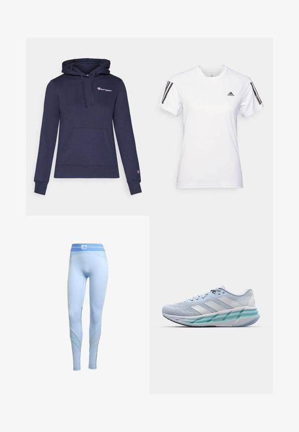 Felpa blu navy con tasca a marsupio, cappuccio con cordino e logo Champion in bianco a contrasto. Realizzata in tessuto morbido e strutturato.; Maglietta sportiva bianca realizzata in un tessuto leggero e liscio. Presenta dettagli neri a tre strisce sulle spalle e un piccolo logo nero sul petto.; Leggings sportivi azzurro chiaro con design aderente, caratterizzati da dettagli a coste in vita e ai lati, e una consistenza liscia in tutto il capo.; Scarpe da ginnastica azzurro chiaro con tomaia in maglia testurizzata, accenti bianchi e suola intermedia verde trasparente. Punta rotonda e colletto imbottito.