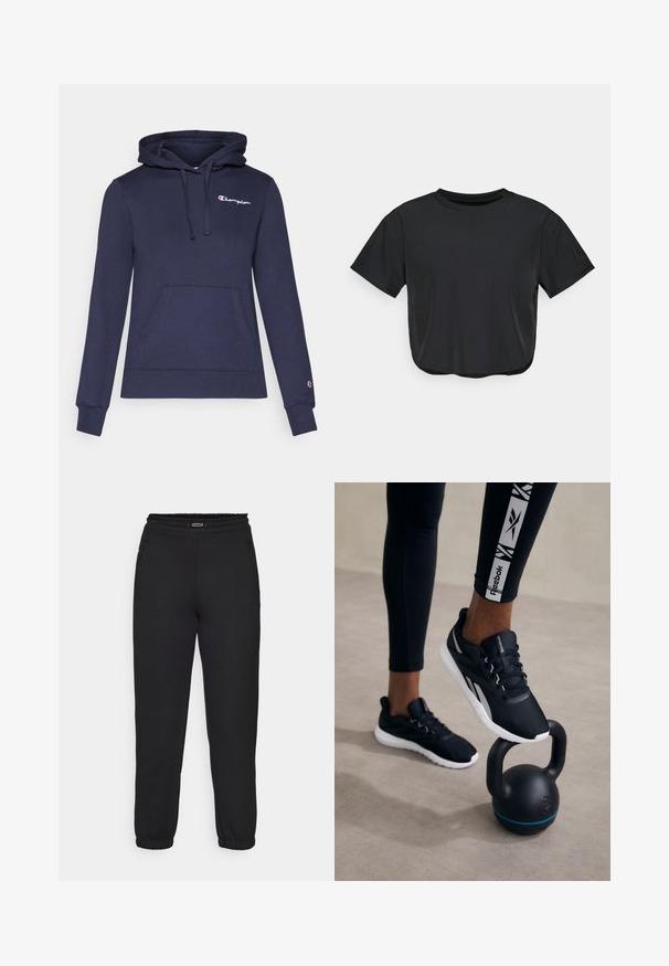 Tamsiai mėlynas džemperis su kengūros kišene, su raišteliais reguliuojamu gobtuvu ir ryškaus balto Champion logotipu. Pagamintas iš švelnaus, tekstūruoto audinio.; Juoda trumpa marškinėlių palaidinė, pagaminta iš minkštos medžiagos, su apvalia iškirpte, trumpomis rankovėmis ir laisvu siluetu. Subtilios siuvimo detalės.; Champion C-TECH CUFFED PANTS INTERLOCK - Treningo apatinė dalis - black; Juodi sportiniai bateliai su tekstūruotu viršumi, balta padas ir pilkų akcentų, padėti ant juodo ketlebelo su mėlynu dryžiu, prieš neutralų foną.