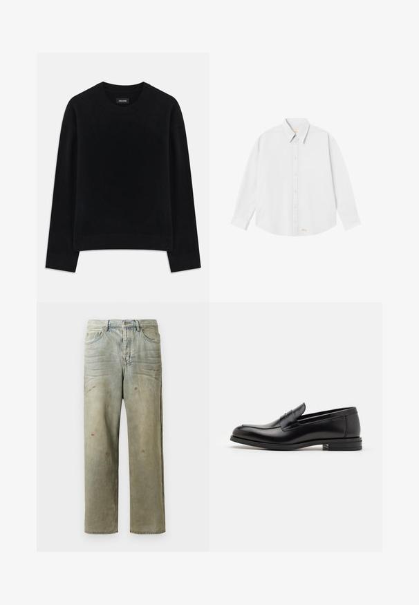 Juodas megztinis, pagamintas iš minkštos medžiagos, turi apvalų iškirpimą, ilgas rankoves, laisvą siluetą ir džinsinę apykaklę. Paprastas, vientisas dizainas be raštų.; Balta marškinėliai su apykakle, ilgomis rankovėmis ir suapvalintu apačiu; priekinėje dalyje apatiniame kairiajame kampe pažymėtas mažas oranžinis logotipas.; Šviesiai žaliai nuvarytos džinsinės kelnes, su tiesiomis kojomis, penkių kišenių dizainu, nelygiai blukščiantis ir su dažų lašeliais.; Juodos odinės loafers, turinčios lygų paviršių, apvalią noselę ir dekoratyvinę juostą per priekinę dalį. Žemas krentantis kulnas, minimalistinis dizainas.