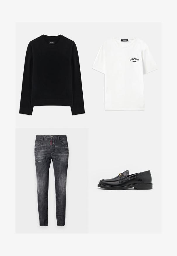 Suéter negro hecho de tela suave, con cuello redondo, mangas largas, corte relajado y dobladillo acanalado. Diseño simple y sólido sin patrones.; Camiseta blanca de algodón con cuello redondo, mangas cortas y un logo bordado en negro que dice "DSQUARED2 MILANO" en el lado izquierdo del pecho.; Vaqueros de mezclilla gris oscuro con un corte ajustado, ligero desvanecimiento, marcas de desgaste en los muslos, cinco bolsillos y un detalle de etiqueta roja en contraste.; Mocasines de cuero negro con punta redondeada, que cuentan con un detalle de herrajes dorados y costuras, situados sobre una suela de goma texturizada y baja.