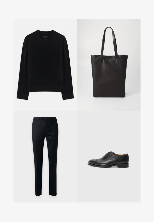 Pulover negru dintr-un material moale, cu guler rotund, mâneci lungi, croială lejeră și tiv ribflat. Design simplu, uni, fără modele.; Pantaloni negri din material fin, cu design tapered, închidere cu un singur nasture și buzunare laterale pentru utilitate.; Pantof de piele neagră, cu un finisaj neted, vârful rotunjit, cinci găuri pentru sireturi și toc mic pătrat. Design minimalist cu cusături subtile.; Geantă de umăr din pânză neagră cu mânere din piele neagră. Design simplu, corp spațios și textură netedă. Fără logo-uri sau modele vizibile.