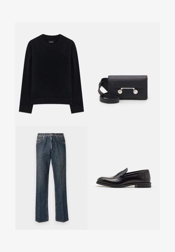 Black sweater made of soft fabric, featuring a crew neck, long sleeves, relaxed fit, and ribbed hem. Simple, solid design with no patterns.; Dark blue straight-leg denim jeans with front button, zip fly, double front pockets, and visible vertical creases down the legs.; Black leather loafers with a smooth texture, rounded toe, and a decorative strap across the vamp. Low stacked heel, minimalist design.; Black leather crossbody bag with a flap closure, silver-tone hardware, and two round accents. Features a detachable strap. Smooth texture.