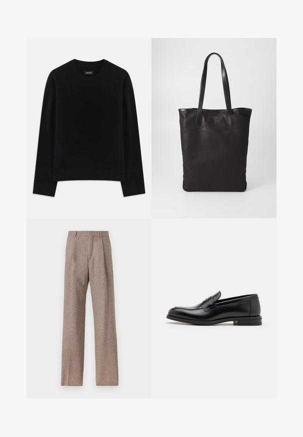 Pull noir en tissu doux, à col rond, à manches longues, avec une coupe décontractée et un ourlet côtelé. Design simple et uni, sans motifs.; Pantalons marron taille haute en tissu texturé. Présente des jambes larges et deux plis avant pour la structure. Finition soignée sans matériel visible.; Mocassins en cuir noir avec une texture lisse, bout rond et une sangle décorative sur le dessus. Talon bas empilé, design minimaliste.; Sac fourre-tout en toile noire avec des poignées en cuir noir. Design simple, corps spacieux et texture lisse. Pas de logos ou motifs visibles.