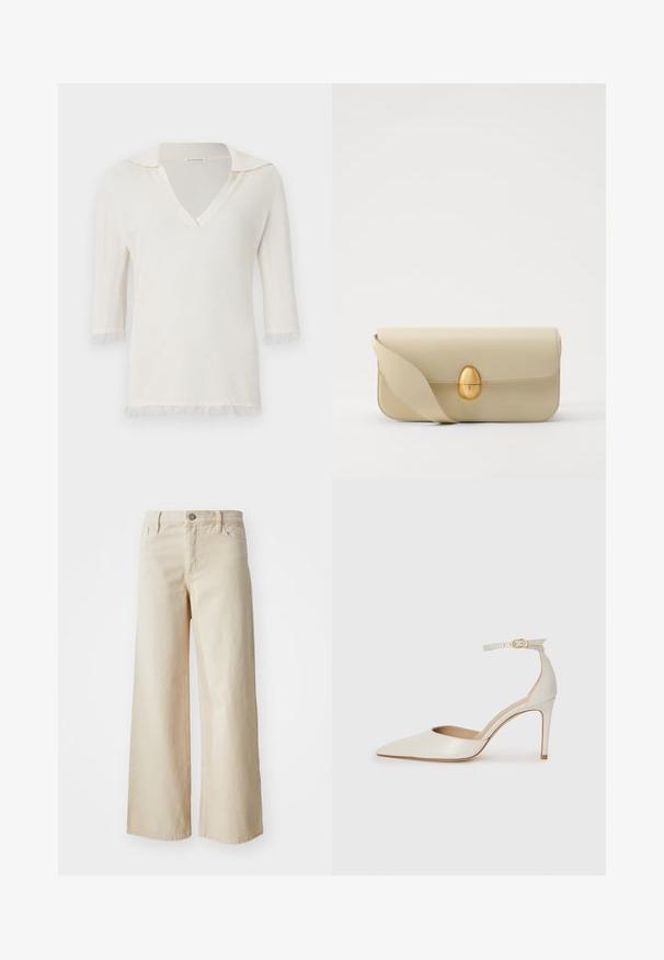 Balti adīta blūze ar V veida kaklu un īsām piedurknēm. Iezīmējas ar apkakli un viegliem, teksturātiem auskariem piedurkņu malās un apakšejā malā.; Bēša plata kāju džinsi, izgatavoti no denima, ar augstu jostasvietu, pogu aizdari, jostas cilpām un sānu kabatām. Gluda tekstūra un brīva piegriezuma.; Baltas ādas augstpapēžu kurpes ar smailu purngala daļu, potītes siksniņu un šauru stiletto papēdi. Gluda tekstūra ar smalku spīdumu.; Beige krēma ādas somiņa ar gludu tekstūru, taisnstūra formu un zelta ovālu aizdari. Aprīkota ar garu, regulējamu siksnu.