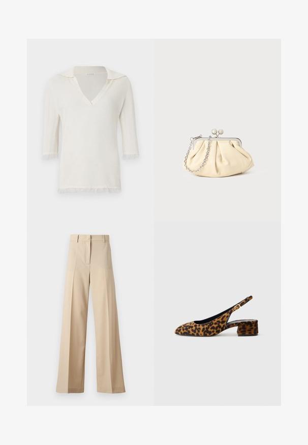 Valge kootud topp V-kaelusega ja lühikeste varrukatega. Omab kraed ja kergeid, tekstureeritud franse varrukaotstes ja hemil.; Kreemikad laiad püksid, mis on valmistatud siledast kangast, millel on tasapinnaline esiosa koos voldikutega, lukuga esiosa ja vöökohale silmused. Üldine puhas istuvus.; Naiste leopardimustriga slingback-kingad madala blokkninahaga ja kuldse klambriga külgjah. Kujutatud külgprofiilis lihtsal taustal.; Kortsus beežist nahast kotike, millel on hõbedane metallraam, kaunistatud kahe ümmarguse dekoratiivse lukuga ja hõbedase ketispideme.