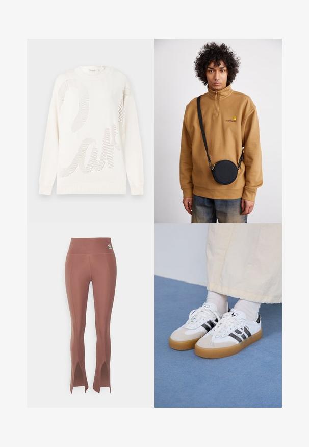 Pulover alb tricotat cu un model mare de plasă care seamănă cu cuvântul "tort." Guler și manșete ribbate; textură moale.; Leggings maro cu talie înaltă, cu fante laterale la tiv, fabricate dintr-un material elastic. Prezintă cusături subtile și un mic logo aproape de talie.; Adidași albi cu dungi negre și accente din suede bej. Au talpă din cauciuc texturat și șireturi albe plate, purtați cu șosete de culori deschise.; Sweatshirt din fleece cu fermoar pe jumătate, de culoare maronie, cu logo brodat, purtat cu o geantă crossbody rotundă, neagră, cu fermoar și detalii cu logo, peste blugi.