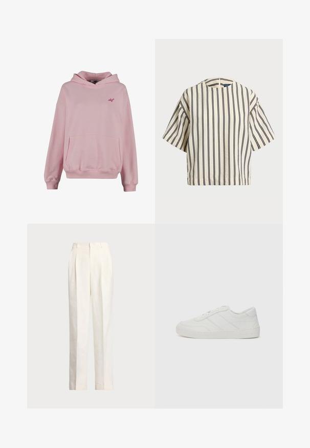 Sudadera rosa hecha de una tela suave, con un bolsillo frontal, puños acanalados y un pequeño logo en el pecho. Presenta un diseño clásico de tipo pullover.; Top de manga corta a rayas en crema y azul marino, con cuello redondo y un diseño cuadrado, confeccionado en una tela texturizada.; Polo Ralph Lauren HEMP WIDE LEG PANT - Pantalones - nevis; Zapatilla blanca de cuero con cordones planos, puntera redondeada y detalles de costura sutiles. Presenta una suela texturizada y un logotipo de la marca en relieve en el talón.