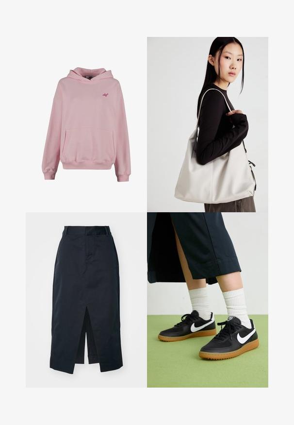 Rosa Kapuzenpullover aus weichem Stoff mit einer Fronttasche, gerippten Bündchen und einem kleinen Logo auf der Brust. Verfügt über ein klassisches Pullover-Design.; Dunkelblaues Midi-Rock aus Baumwollmischgewebe mit einem vorderen Schlitz, verdecktem Reißverschluss und praktischen Seitentaschen.; Schwarze Leder- und synthetische Sneakers mit weißem Nike-Swoosh, Gummisohle, runder Spitze und schwarzen Schnürsenkeln. Gestreifte weiße Socken sind sichtbar.; Beige Handtasche aus weichem Material, mit einem lässigen Design, gesteppten Details und zwei Schulterriemen. Geeignet für den täglichen Gebrauch.