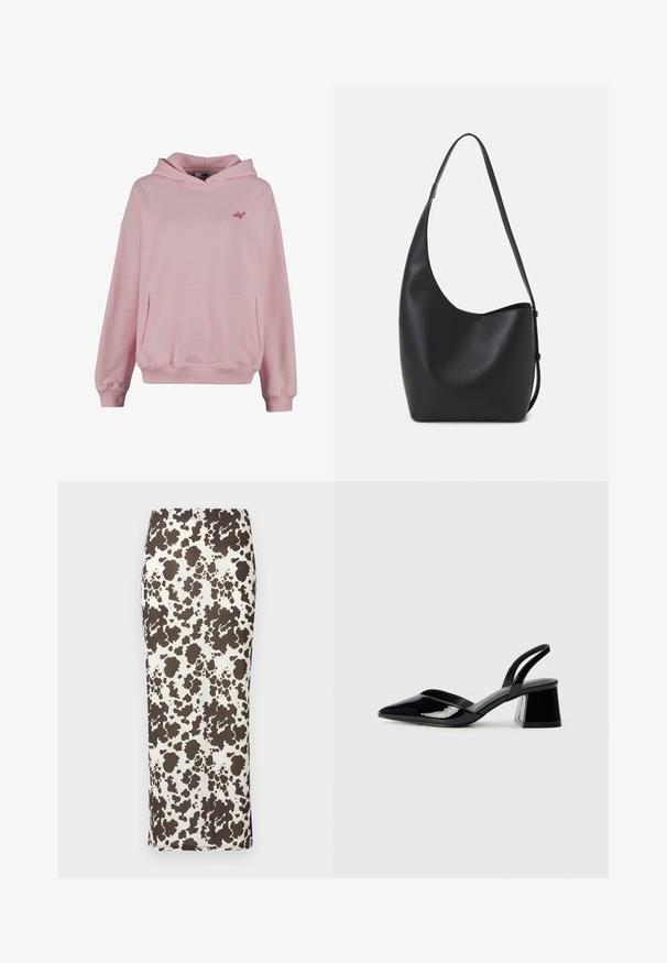 Růžová mikina vyrobená z měkké látky s přední kapsou, žebrovanými manžetami a malým logem na hrudi. Má klasický design na pulovr.; Hnědá a bílá maxi sukně s vzorem, hladkou texturou, přiléhavým střihem a bočním rozparkem. Elastický pas pro pohodlí.; Černé lakované kožené lodičky na pásku s špičatou špičkou a geometrickým blokovým podpatkem. Vyznačují se elegantním, minimalistickým designem a hladkým povrchem.; Černá kožená hobo taška s hladkým povrchem, zakřiveným tvarem a jedním nastavitelným popruhem; má široké otevírání nahoře.