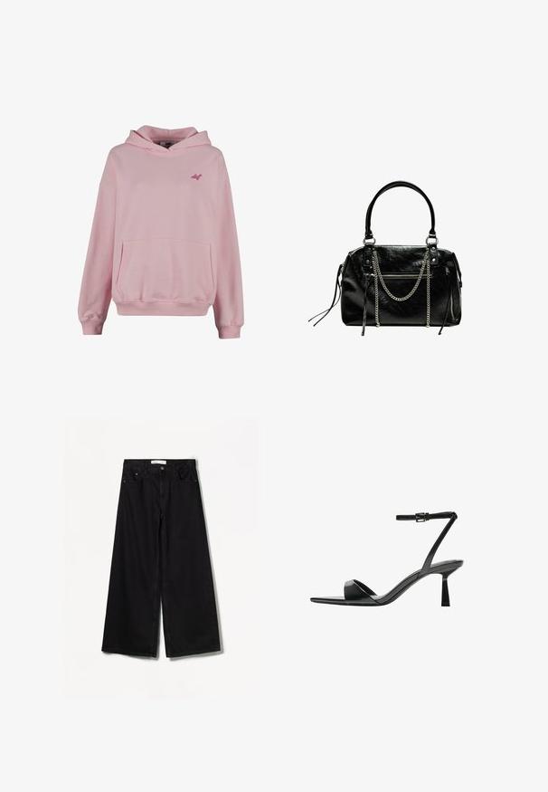 Haut à capuche rose en tissu doux avec une poche avant, des poignets côtelés et un petit logo sur la poitrine. Présente un design classique à enfiler.; Bershka WIDE-LEG - Wide Leg - black; Bershka Sandales à talons hauts - black; Bershka WITH CHAIN - Sac à main - black