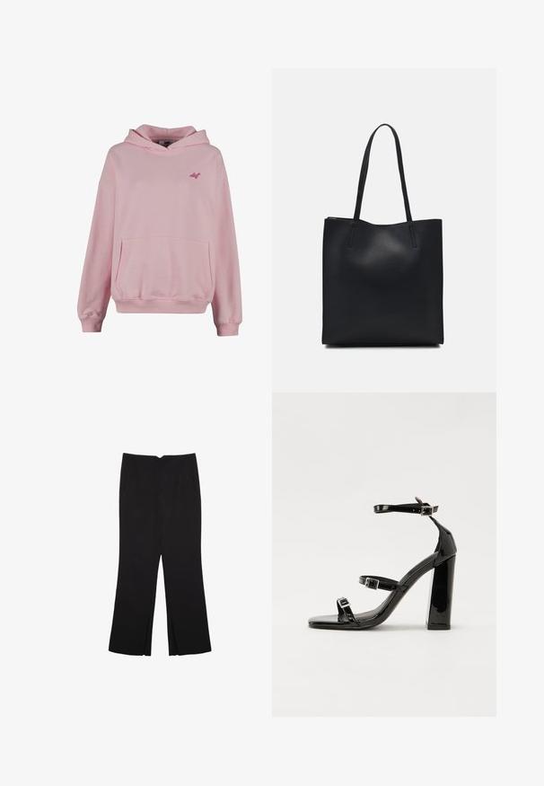 Ružičasti dukserica od mekanog materijala s prednjim džepom, rebrastim manžetama i malim logoom na prsima. Ima klasičan pulover dizajn.; Crne hlače ravnog kroja, s prednjim džepovima i bočnim prorezima na rubu. Izrađene od mekog i glatkog materijala. Pogodne za razne prigode.; Crne lakirane sandale na pete sa kvadratnim nosom, trakama oko gležnja i srebrnim kopčama. Imaju čvrst blok petu za stabilnost.; Crna kožna torba za nošenje s glatkom teksturom, pravokutnim oblikom i dvije duge ručke. Nema vidljivih metalnih dijelova ili ukrasa.