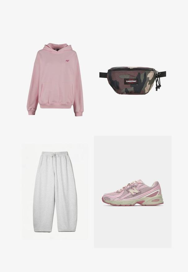 Pink hoodie made of soft fabric with a front pocket, ribbed cuffs, and a small logo on the chest. Features a classic pullover design.; Light grey sweatpants with a relaxed fit, elastic waistband, drawstring, and side pockets; made from soft, textured fabric.; Pink and beige New Balance 740 sneaker with mesh and synthetic upper, lace-up closure, and cushioned sole shown in side profile.; Camouflage fanny pack made of durable fabric, featuring a zippered closure, adjustable strap, and a red Eastpak logo patch on the front.