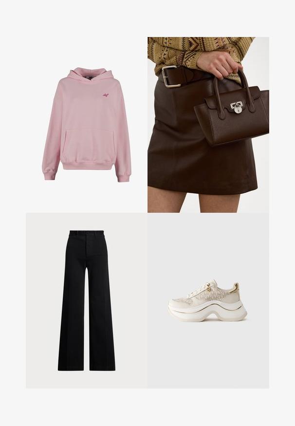 Haut à capuche rose en tissu doux avec une poche avant, des poignets côtelés et un petit logo sur la poitrine. Présente un design classique à enfiler.; Pantalons larges noirs en tissu tissé, dotés d'une taille haute, d'une fermeture à boutons sur le devant et de poches latérales. Texture lisse avec des lignes épurées.; Baskets compensées beige et dorées avec un motif "MK", à lacets à l'avant, un charm doré et une semelle épaisse et ondulée sur fond uni.; Sac en cuir marron avec une finition texturée et des accessoires en argent, tenu à la main à côté d'une jupe en cuir marron et d'un pull à motifs.