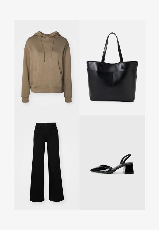 MSCH Copenhagen ICON - Kapuzenpullover - walnut; Schwarze weit geschnittene Hose aus Denim, mit einem strukturierten Bund, Gürtelschlaufen und Fronttaschen. Glatte Textur mit klassischem Design.; Schwarze Lackleder-Slingback-High Heels mit spitzem Schuh und einem geometrischen Blockabsatz. Verfügt über ein schlankes, minimalistisches Design und eine glatte Textur.; Schwarze Leder-Shopper-Tasche mit zwei langen Griffen, einer glatten Textur und einer strukturierten Form. Verfügt über eine Vordertasche für zusätzlichen Stauraum.
