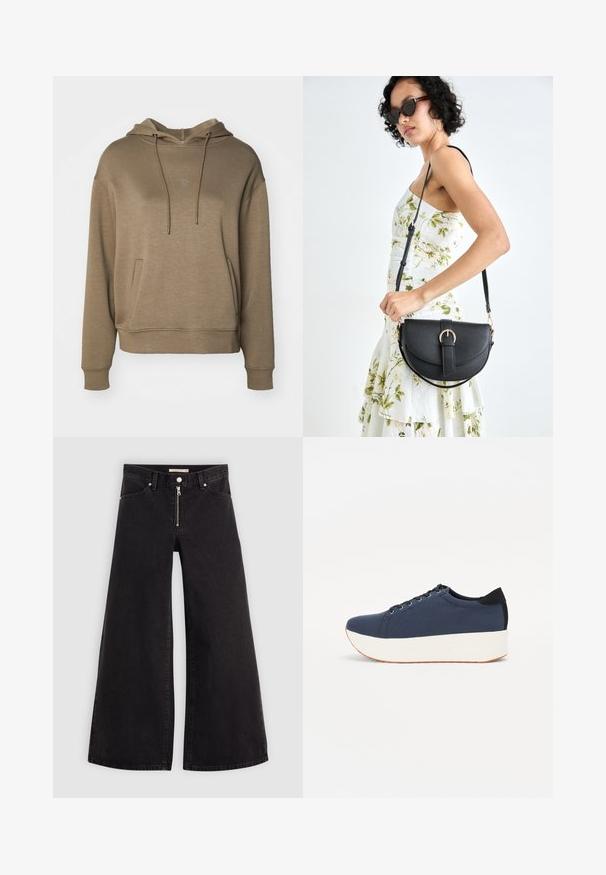 MSCH Copenhagen ICON - Mikina s kapucí - walnut; Džíny s širokými nohavicemi v černém denimovém provedení se zipem vpředu, pěti kapsami a jemnými švy. Hladká textura a ležérní styl.; Námořnické modré tenisky s texturovaným textilním svrškem, bílou platformovou podrážkou, kulatou špičkou a černým akcentem na patě. Obsahují šest očíček pro tkaničky.; Černá kožená kabelka s křivkovým tvarem, odnímatelným popruhem a zlatými detaily. Kabelka má klopu s přezkou.