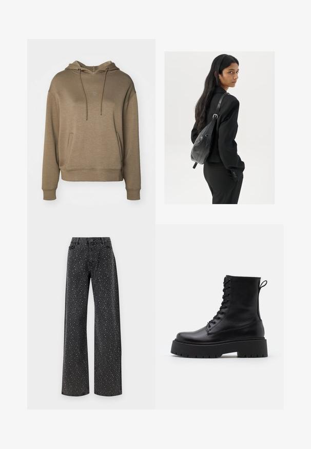 MSCH Copenhagen ICON - Felpa con cappuccio - walnut; Noisy May NMJANNEL LOOSE - Jeans baggy - black denim; Stivaletti in pelle nera alla caviglia con punta rotonda, lace-up frontale e suola in gomma spessa con battistrada textured. Tassello sul retro.; Donna con lunghi capelli scuri, vestita con un completo nero, che porta una borsa a tracolla in pelle nera, mentre guarda oltre la spalla su uno sfondo bianco.; Orecchini a cerchio in argento con un design minimalista. Forma circolare, superficie liscia e profilo sottile. Leggeri con una finitura lucida.