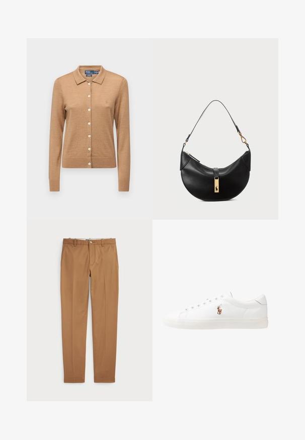 Ανοιχτό καφέ πουλόβερ με πόλο κολάρο, μακριά μανίκια και κουμπί κλεισίματος. Φτιαγμένο από μαλακό υλικό, με ένα μικρό λογότυπο στο στήθος.; Καφέ βαμβακερό παντελόνι με κομψή γραμμή, επίπεδο μπροστινό μέρος και κανονικές τσέπες; λεία υφή και ραμμένα μανίκια.; Λευκά δερμάτινα sneakers, χαμηλού σχεδιασμού, με απαλή υφή, στρογγυλή μύτη, δέσιμο μπροστά και μικρό κεντημένο λογότυπο στο πλάι.; Μαύρη δερμάτινη τσάντα χειρός σε σχήμα μισού φεγγαριού. Διαθέτει χρυσή μεταλλική λεπτομέρεια και στενό λουρί. Απαλή υφή, κλείσιμο με φερμουάρ στην κορυφή.