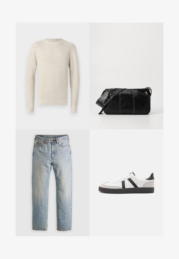 Cream-colored knit sweater with a ribbed texture, round neckline, and long sleeves. Features a loose fit and elastic cuffs and hem.; Light blue denim jeans with high waist, front button, zipper, and five-pocket design, laid flat on a neutral background.; White sneaker with black and gray accents, featuring a textured gray toe cap, black rubber sole, and flat white laces. Clean design, minimalist style.; Black leather shoulder bag with a zip closure, featuring a textured body, white stitching, and a strap with silver grommets.