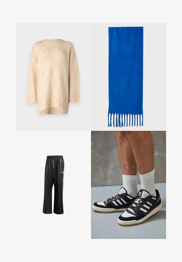 Beige strikket genser med ribbet rund hals, senkede skuldre og en lengre bakhem. Myk tekstur med et subtilt mønster.; Sorte syntetiske treningsbukser med elastisk midje, som har hvite sidestreker og en liten hvit logo på venstre hofte.; Sorte og hvite sneakers med overdel i semsket skinn og lær, med tre hvite striper, perforert tå og en såle av gummi.; Blå frynset skjerf laget av myk stoff; har en ensfarget overflate med en teksturert overflate og jevnt klipte frynser nederst.