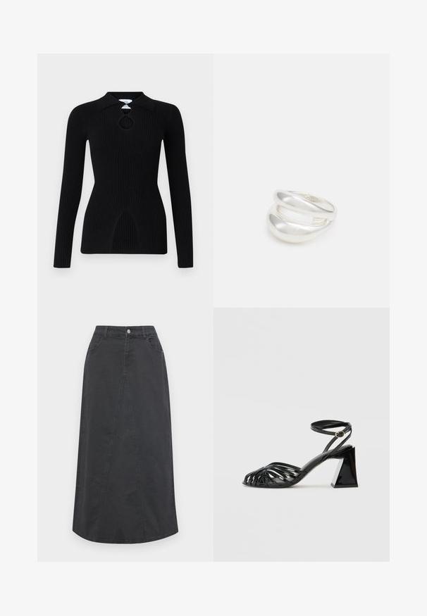 Juodas šiurkštus ilgam rankovėms viršus su apykakle ir raktų skylutės išpjova krūtinėje. Turi prigludusią siluetą ir išlenktą hemą.; Juodas džinsinis sijonas su tiesiu kirpimu, turintis priekinį detalę, dvi kišenes, dirželius ir mygtuko uždarymą juosmens srityje.; Juodi kulniukai sandalai su raištelių dizainu, blizgia patentine danga, atvira nosimi ir geometriniu kvadratiniu kulnu. Papuošti sagties dirželiu.; Sidabrinis dvigubas žiedas su lygiu, poliruotu paviršiumi. Pasižymi sklandžiu, kreiptu dizainu su persipinančiomis dalimis, suteikiančiomis modernų išvaizdą.