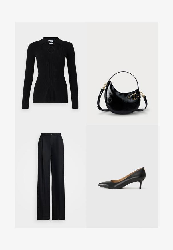 Must mustrilineeritud pikkade varrukatega must topp, millel on krae ja süvend rinna piirkonnas. Omab keha vormivat lõiget ja kumerat hemmi.; Mustad laiad püksid mustas värvuses, millel on sile viimistlus, lame esiosa, vöökohas vöölõngad ja ühekordne nööp sulgemiseks.; Must musta musta, millel on terav nina, madal konts ja sile tekstuur. Omab pisut avatud osa ees ja minimaalset riistvara taga.; Must musta nahk käekott kumerate joontega, reguleeritava rihmaga ja kuldse tooniga detailidega küljel. Sile, särav tekstuur.