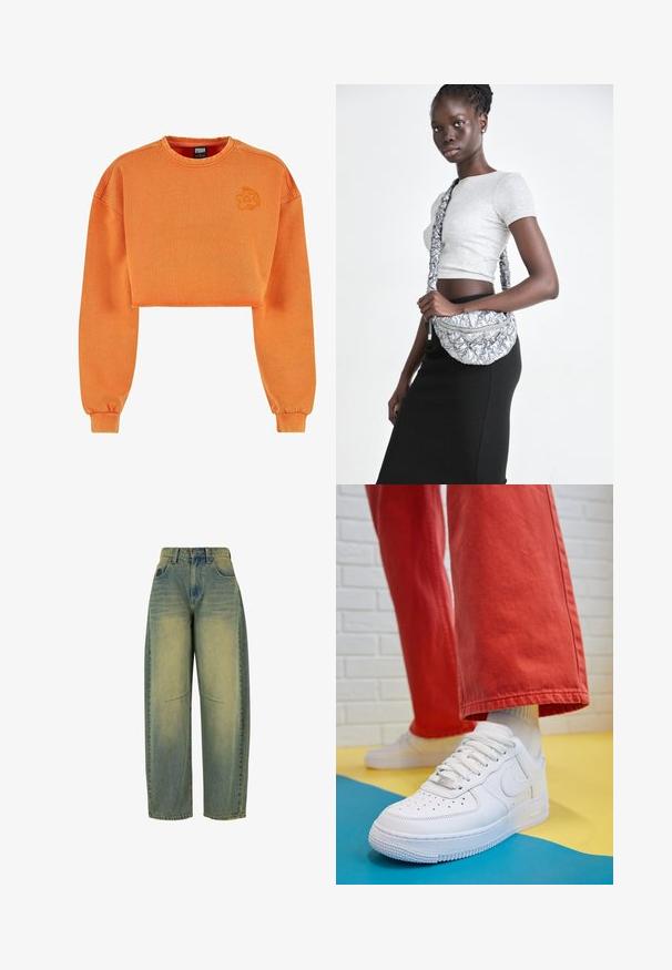 Cropped orange sweatshirt in textured fabric, featuring long sleeves and a round neckline. Embroidered logo detail on the chest.; Wide-leg denim jeans in light blue with faded texture. Features five pockets and a high waist. Clean hem and subtle stitching details.; White leather sneaker with perforated toe box, textured sole, and white laces, paired with wide red pants and a blue and yellow background.; Bag made of silver patterned fabric with a quilted texture, featuring a braided strap and zipper closure, worn casually over a black outfit.