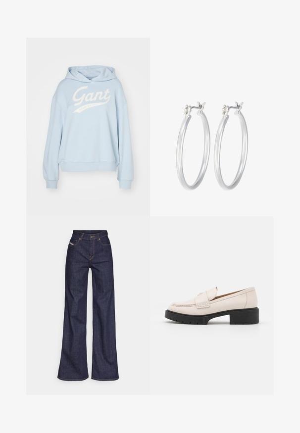 GANT SCRIPT GRAPHIC HOODIE - Sportinis megztinis - toy blue; Tamsiai mėlynos plačios kojų džinsinės kelnės iš denimo audinio su aukštu liemeniu, su oranžinėmis siūlėmis, penkių kišenių dizainu ir sagčių užsegimu.; Šviesiai smėliniai odiniai laivai su siuvinėta priekiu ir tekstūriniu juodu platformos kulnu. Pasižymi kreiviu dizainu ir nedideliu pakilimu.; Sidabriniai auskarai su sklandžiu, poliruotu paviršiumi. Apvalios formos ir saugus uždarymo mechanizmas. Lengvas dizainas, tinkantis kasdieniam dėvėjimui.