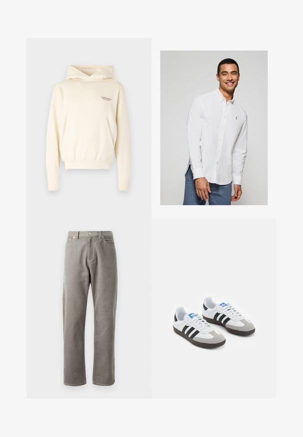 Cremefarbene Kapuzenjacke mit einer vorderen Kängurutasche, verstellbarem Kordelzug an der Kapuze und einem aufgestickten Logodetail auf der Brust. Weicher Stoff.; Weißes Langarm-Hemd mit Knopfleiste und kleinem Logo auf der Brust, kombiniert mit hellblauen Hosen. Glattes Material mit klassischem Kragen.; Grau karierte Hose mit geradem Schnitt, einem hohen Bund, frontalen Taschen und subtiler vertikaler Rippstruktur.; Sportschuhe mit einem Obermaterial aus weißem Leder, grauer Wildleder-Zehenkappe und drei schwarzen Streifen. Sie verfügen über ein blaues Logo auf der Zunge und eine strukturierte Gummisohle.