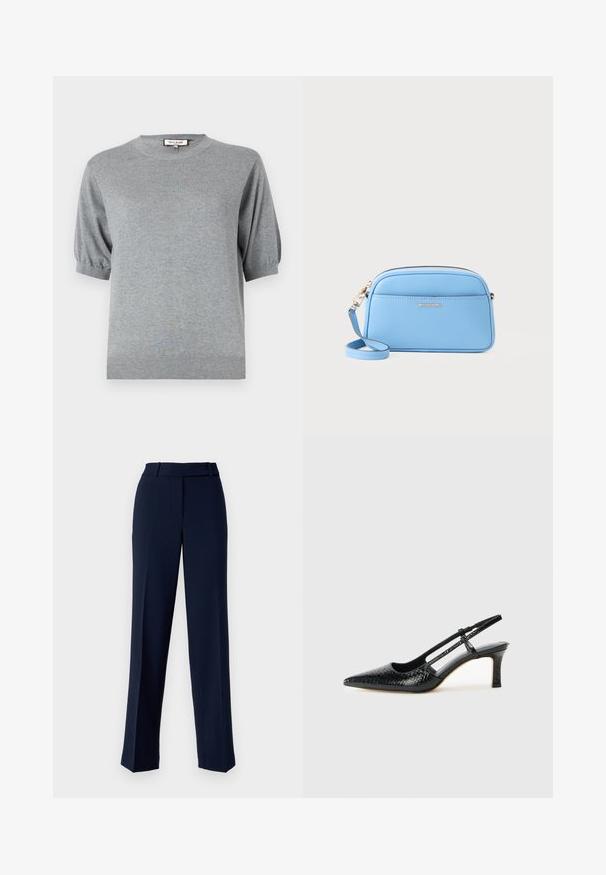 Grå strikket kortermet genser med rund hals og elastiske mansjettdetaljer. Ribbestrikket nederkant fullfører designet. Mykt, lett materiale.; Marineblå dressbukser laget av glattsydd stoff, med rett ben-design, beltehemper i livet og frontfolding.; Sorte patent slingback hæl med spids tå, featuring tekstureret slangeskind, justerbar rem og en kort, tekstureret blokhæl.; Lys blå skinn crossover-veske med gulltonet detaljer, glidelås lukking og en frontlomme. Har justerbar stropp for ekstra bekvemmelighet.