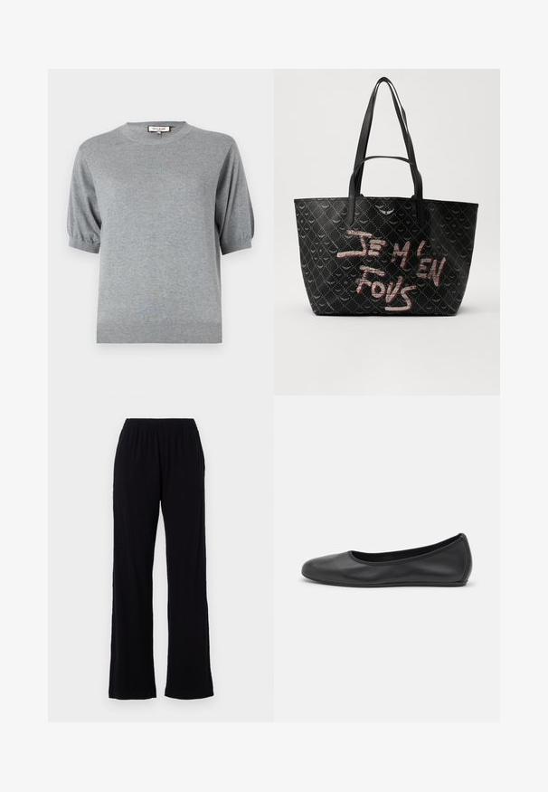 Hallika kudum, lühikeste käistega sviiter ümmarguse kaeluse ja elastsete äärmise detailidega. Ribikujundusega hem lõpetab disaini. Pehme, kerge materjal.; Mustad, kerge, elastse vööügiga püksid sirge sääre disainiga. Pehme tekstuur, ilma nähtavate mustrite või detailideta. Lihtne ja mitmekesine stiil.; Musthave mustika tantsutossud mustast nahast, ümmarguse varbaga, siledast tekstuurist, minimaalse õmblusdetailiga ja paindliku tallakujundusega.; Must kuhja musta kotiga, tekstureeritud materjaliga, mis on kaetud rombikujuliste mustritega. Kotil on õlavarre rihmad ja julged punased ja valged tekstid, mis ütlevad "JE M'EN FOUS."