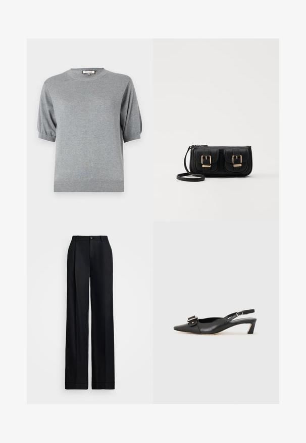 Grijze gebreide trui met korte mouwen, een ronde halslijn en elastische manchetten. Geribde zoom maakt het ontwerp af. Zacht, lichtgewicht materiaal.; Zwarte wijde broek met een gladde afwerking, een vlakke voorkant, riemlussen en een enkele knoopsluiting bij de taille.; Zwarte leren slingback schoen met scherpe neus, kleine hak en decoratieve gespdetails op de bovenkant. Stijlvolle textuur, minimalistisch ontwerp.; Zwarte leren schoudertas met twee vo pockets, gouden gespen, ritsluiting en een smalle band. Tekstuur oppervlak en compacte rechthoekige vorm.