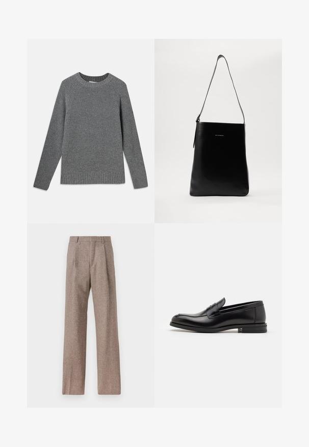 Sivý rebrovaný sveter s dlhými rukávmi, okrúhlym výstrihom a textúrovanou látkou. Obsahuje rebrované okraje na manžetách a spodnej časti.; Hnedé, vysoké nohavice vyrobené z texturovanej látky. Majú široké nohavice a dva predné záhyby pre štruktúru. Úhľadné spracovanie bez viditeľného kovania.; Čierne kožené mokasíny s hladkou textúrou, zaoblenou špičkou a dekoračným pásikom cez priehlavok. Nízky vrstvený opätok, minimalistický dizajn.; Čierna kožená ramenná taška s hladkou textúrou, obdĺžnikovým tvarom a dlhým popruhom; na strede sa nachádza malé biele logo.