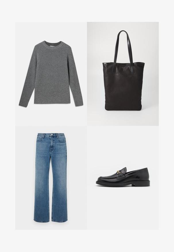 Szürke bordázott pulóver hosszú ujjakkal, kerek nyakkivágással és texturált anyagból készült. Bordázott szegélyekkel rendelkezik a mandzsettákon és az alján.; Széles lábú, koptatott kék farmernadrág. Öt zsebből, elülső gombos záródásból és egyenes szabásból áll.; Fekete bőr loaferek, lekerekített orral, aranyszínű fémrész és varrási részletek díszítik, alacsony, strukturált gumitalpon.; Fekete vászontáska fekete bőr füllel. Egyszerű dizájn, tágas test és sima textúra. Nincsenek látható logók vagy minták.