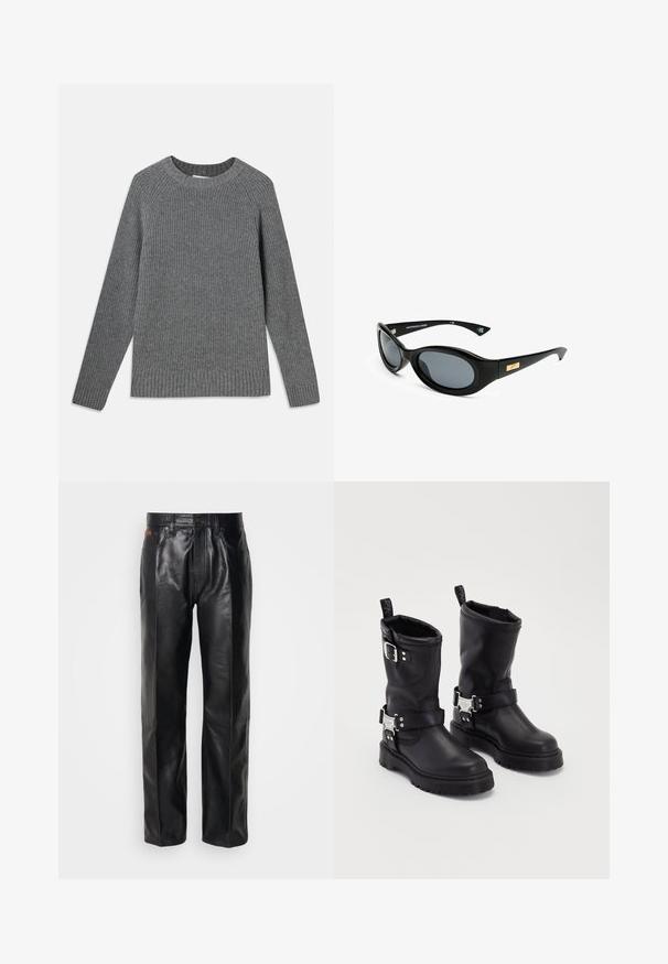 Harmaa ribattu neulepaita, jossa on pitkät hihat, pyöreä kaula-aukko ja teksturoitu kangas. Varressa ja helmassa ribatut reunat.; Mustat nahkahousut suoranlahkeisella muotoilulla. Ominaisuuksiin kuuluu nappikiinnitys ja etutaskut, jotka esittelevät sileää pintaa ja minimaalista ompelua.; Mustat nahkaiset nilkkakengät, joissa on kestävä pohja, sivuilla solkiremmillä ja koristeellista metallia. Sujuva pinta ja vetoketju.; Mustat aurinkolasit, joissa on soikeat linssit, matsapintainen kehys ja kultaiset yksityiskohdat temppeleissä. Tummanharmaat linssit tarjoavat UV-suojaa.