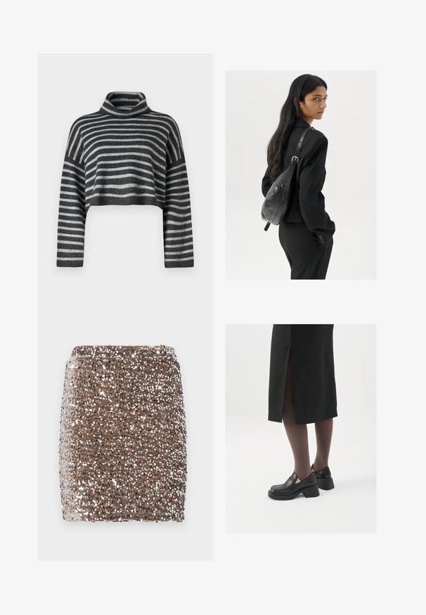 Pilkos ir juodos dryžuotos trumpinamos kaklo megztinis. Minkšta tekstūra, ilgos rankovės ir laisvas siluetas. Lengvas mezgimo medžiaga.; Ruda mini sijonas su blizgučiais, prigludusio dizaino, padengtas atspindinčiais sidabro blizgučiais, sukuriantis tekstūrinį, blizgantį efektą.; Juodos odinės bateliai su apvaliu nosiu, stora blokine pakulne ir elastingais šonais, derinami su tamsiomis pėdkelnėmis ir juoda sijonu su plyšiu.; Moteris su ilgais tamsiais plaukais, vilkinti juodą kostiumą, nešanti juodą odinę rankinę per petį, žvelgia per petį prieš balto fono.; Sidabriniai auskarai žiedai su sukto dizaino, turintys poliruotą apdailą ir fiksavimo smeigtuką. Skersmuo maždaug 3 cm.