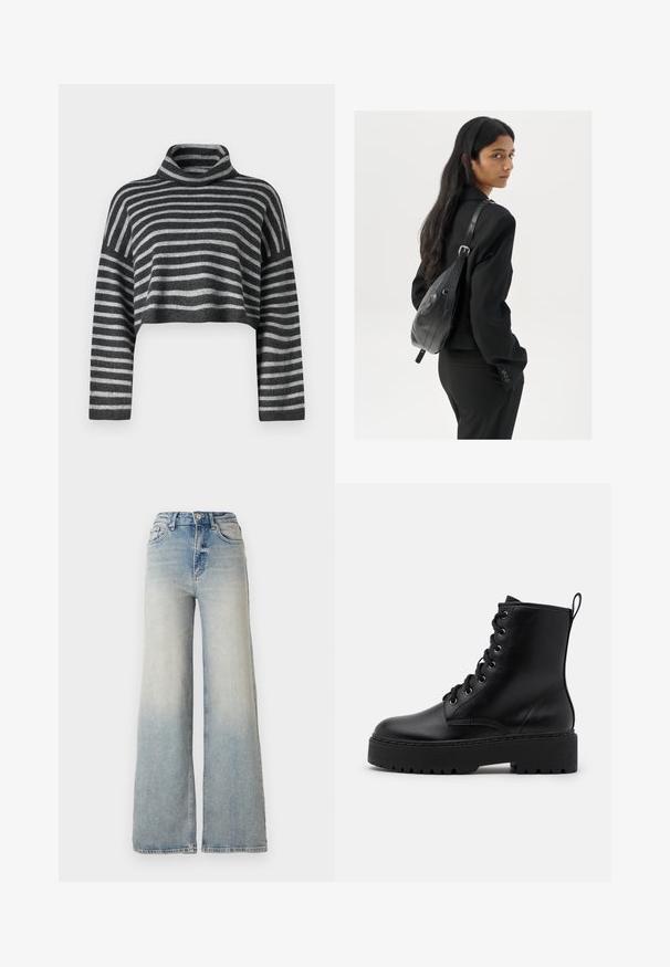 Orezana pulover s turtleneck ovratnikom v sivo-črnih črtah. Mehak material z dolgimi rokavi in ohlapnim krojem. Lahka pletenina.; Svijetloplave široke traperice s visokim strukom, koje imaju pet džepova i vidljivo šivanje uz šavove.; Črne usnjene gležnarske škornje s debelim, teksturiranim podplatom, okroglo konico in kovinskimi luknjami za vezalke. Imajo zanko na zadnji strani.; Ženska z dolgimi temnimi lasmi, oblečena v črn kostim, nosi črno usnjeno torbo čez ramo in se ozira čez ramo proti beli podlagi.