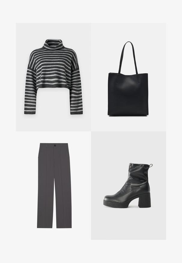 Cropped turtleneck sweater in gray and black stripes. Soft texture with long sleeves and a loose fit. Lightweight knit material.; Grey trousers with a straight leg design, featuring two side pockets and a button closure. Smooth fabric with no visible patterns or accents.; Black ankle boots made of smooth leather, featuring a side zipper, chunky textured heel, and rounded toe design.; Black leather tote bag with smooth texture, rectangular shape, and two long handles. No visible hardware or embellishments.