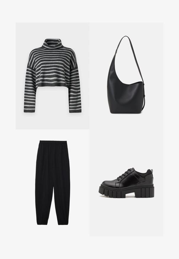 Cropped coltrui in grijs en zwarte strepen. Zachte textuur met lange mouwen en een losse pasvorm. Lichtgewicht breimateriaal.; Zwarte, lichte broek met een elastische tailleband en gathered enkels. De stof is glad en heeft een ontspannen, taps toelopend ontwerp.; Zwarte leren platform schoenen met een stevige blokhak, ronde neus en een traditionele vetersluiting. Kenmerkt zich door een gladde textuur en minimale details.; Zwarte leren hobo tas met een gladde textuur, kromme vorm en een enkele verstelbare schouderband; heeft een brede opening aan de bovenkant.
