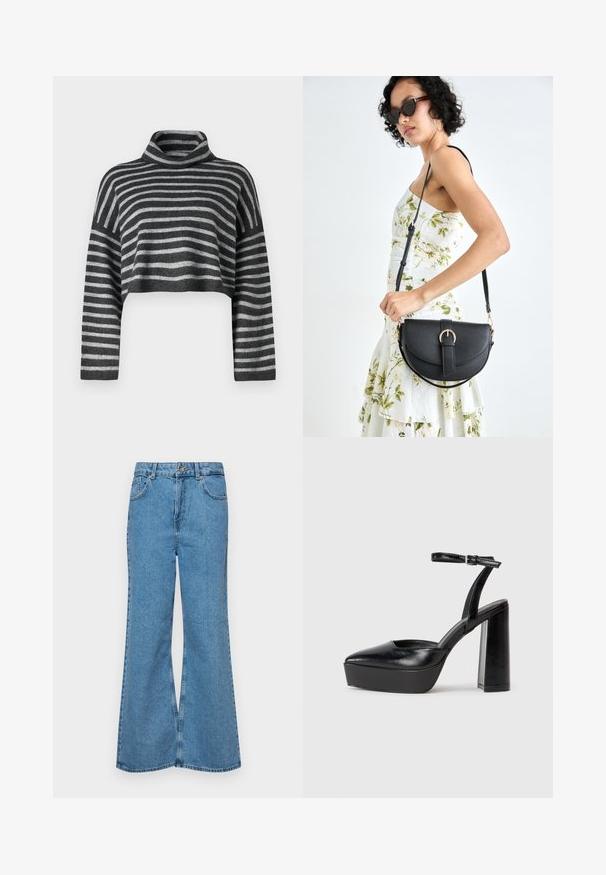 Korte turtleneck-genser i grå og svarte striper. Myk tekstur med lange ermer og løs passform. Lett strikkemateriale.; Lyseblå vide jeans laget av denim, med høyt liv, fem lommer og en enkelt knappelukking. Myk tekstur med falmet finish.; Sorte plattformhelter med spiss tå og justerbar ankelrem. Laget av glatt lær, med en robust blokkhel.; Svart lærveske med en buet form, avtagbar stropp og gullbeslag. Vesken har et klaff med spenne-detall.