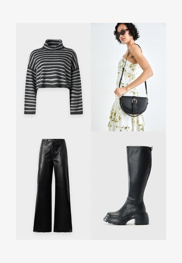 Pull col roulé raccourci à rayures grises et noires. Texture douce avec des manches longues et une coupe ample. Matière tricot légère.; Pantalons larges en faux cuir noire taille haute avec bouton avant, fermeture éclair, passants de ceinture et poches latérales sur fond blanc.; Botte en cuir noir haute avec semelle plateforme épaisse et talon carré, dotée d'une languette et d'un motif texturé sur la semelle extérieure.; Sac à main en cuir noir avec une forme courbée, bandoulière amovible et des accessoires en or. Le sac est doté d'un rabat avec un détail de boucle.