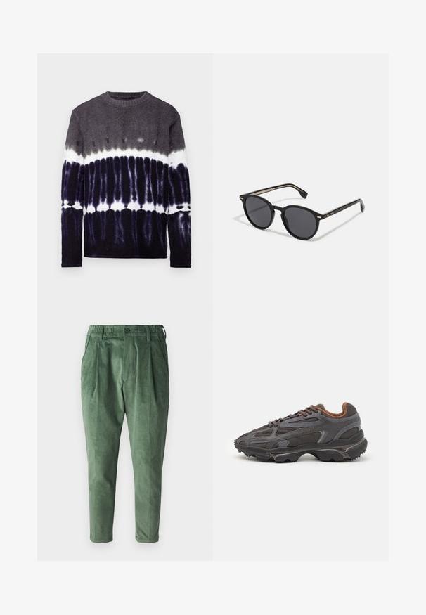 Svetr s dlouhým rukávem, který má gradientní tie-dye vzor v odstínech šedé, černé a bílé; měkká textura a kulatý výstřih.; Zelené kordové kalhoty s běžným střihem, s puky, elastickým pasem a jedním knoflíkem na zapínání. Hladký, strukturovaný materiál.; Sněrovací boty Lacoste v tmavě šedé barvě s síťovinou a syntetickým materiálem, prezentující texturovanou podrážku a hnědé detaily na límci a logu.; BOSS Sluneční brýle - black
