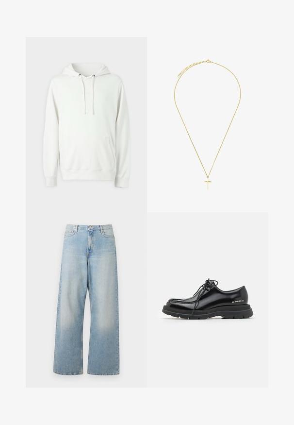 Felpa bianca realizzata in materiale morbido, con tasca a canguro, cappuccio con cordino e logo del marchio in rilievo sul davanti.; Jeans a gamba larga di un blu chiaro realizzati in denim, con vita alta, tasche frontali e una finitura sbiadita con leggere sfumature all'altezza delle cosce.; Scarpa da uomo in pelle nera con punta arrotondata, suola in gomma spessa, design con lacci e cuciture distintive lungo il bordo.; Collana a catena in tonalità oro con un semplice pendente a croce. La catena è caratterizzata da una texture con un design a maglie fini, mentre il pendente è liscio con una finitura lucida.