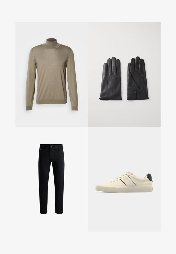 Beez päevapusa, valmistatud õhukesest soonilisest kangast. Pikad varrukad, mis on kitsad mansetid ja sirge alläär. Lihtne disain, ilma mustriteta.; Must mustrikot, viie taskuga, nupuga sulgus ja vöökonksudega, esitatud valge tausta ees.; Kreemikaalased sneekerid sileda pinnaga, millel on mustad aktsendid ja bränding. Klassikaline paeltega mudel ümmarguse ninaga ja kummist tallaga.; Mustad nahast kindad viie sõrmega, dekoratiivse õmblusega. Siseosa on pehme voodriga ja avatud nimetissõrmega disain.