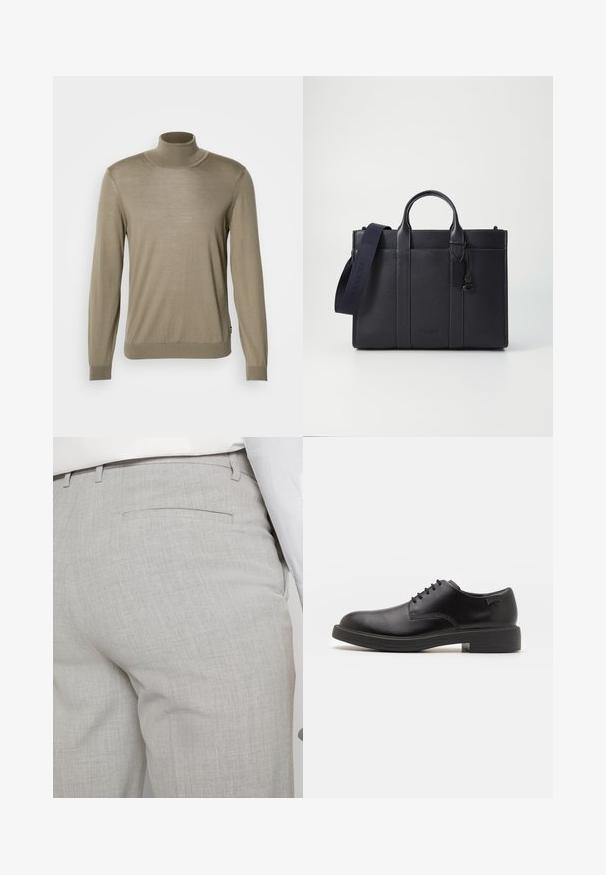 Beige turtleneck neule, joka on valmistettu ohuesta, ribatusta kankaasta. Pitkät hihat, joissa on tiukat hihansuut ja suora helma alhaalla. Yksinkertainen muotoilu, ilman kuvioita.; Vaaleanharmaat räätälöidyt housut tekstuuripintaisesta kankaasta, joissa on yksi takatasku ja siistit saumat.; Mustat nahkasaappaat, joissa on pyöreä kärki, sileä pinta, minimaalinen ommel ja matala kumipohja. Logo kannassa.; Tummansininen nahkainen salkku, jossa on kaksinkertaiset yläkahvat ja irrotettava hihna. Varustettu tekstuuripinnalla, pystysuoralla ompeleella ja logotiedoilla.