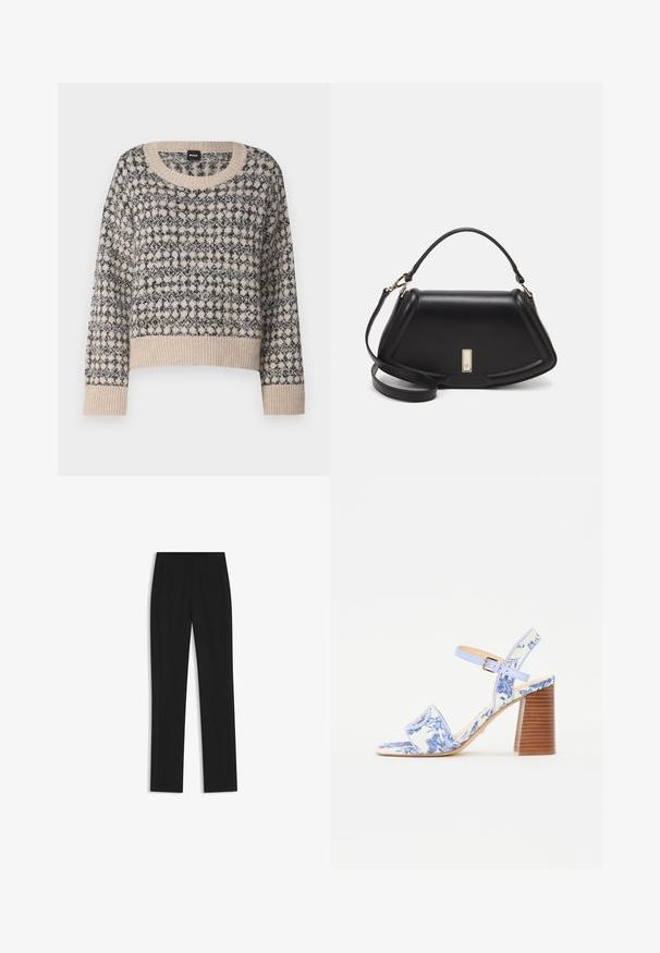 Maglione a maniche lunghe beige e nero con scollo rotondo e orlo a coste. Presenta un design geometrico con una texture morbida.; Pantaloni neri su misura con un design a gamba dritta, dotati di tasche frontali e un tessuto liscio e strutturato. Dettagli ordinati e minimalisti.; Sandal con stampa floreale blu, con punta quadrata, una larga fascia e una cinghia alla caviglia regolabile, dotata di un tacco a blocco in legno texturizzato.; Borsa a mano in pelle nera con un design strutturato, caratterizzata da una forma corta, manico superiore e accessori in metallo dorato. Inclusa tracolla regolabile.